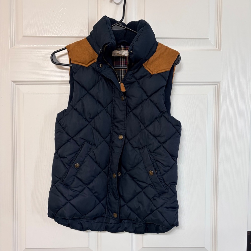 LOGG‎ Quilted Vest Navy Blue Suede Shoulder Accents Pockets Zipper Snap Button